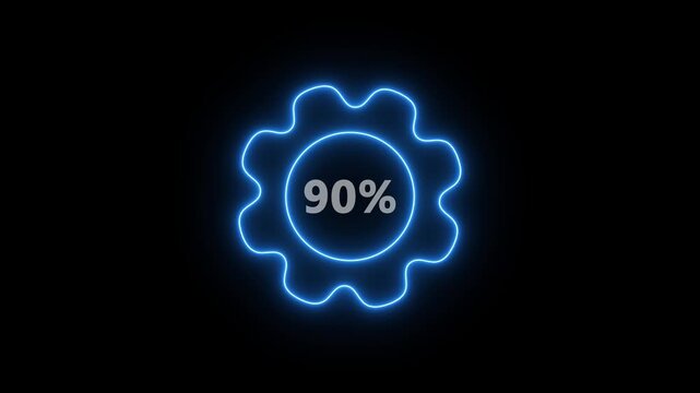 Blue Neon Gear with 90 Percent Progress Indicator on Black Background for Technology and Business Concepts