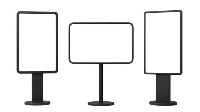 Three blank billboards on stands against a white background on transparent background