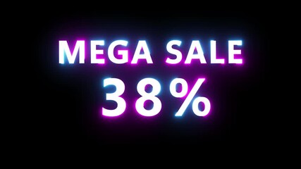  Sale 38% Text Number Animation. Neon sale discount offer. Glowing neon percent text on black background.