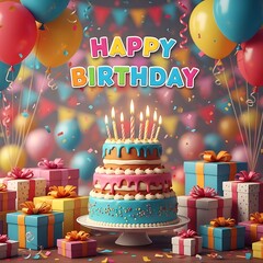 Festive Birthday Celebration with Cake, Gifts, and Balloons.