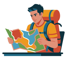 A traveler is studying a map while wearing a backpack for a journey.