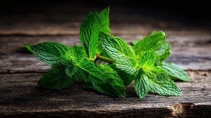 fresh mint leaves on rustic wooden surface, healthy herb for cooking, relaxation, and natural remedies concept