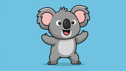 Fototapeta premium Close-up portrait of a koala standing upright with arms raised on a light blue background