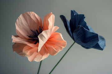 Handcrafted Paper Flowers Still Life with Peach and Blue Crepe Paper Blossoms in Minimal Fine Art Botanical Composition on Neutral Background