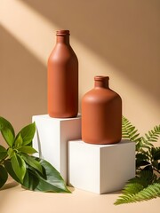 Two brown clay skincare bottles displayed on white blocks with hard sunlight shadows