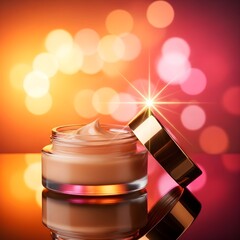 Open cosmetic cream jar with golden lid against festive warm red and orange bokeh lights