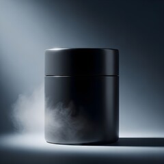 Black matte cosmetic jar or candle container in moody misty atmosphere with dark lighting