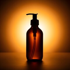 Amber glass pump bottle silhouette with dramatic warm orange backlighting for cosmetic product mockup