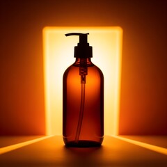 Silhouette of amber glass pump bottle against glowing orange square backlight
