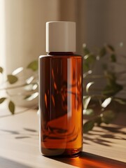 Amber glass spray bottle mockup on white table with soft green plant aesthetic