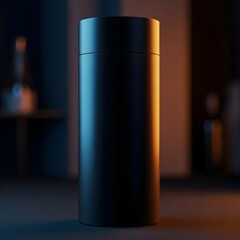 Elegant dark blue cylindrical cosmetic container standing on reflective surface in low light