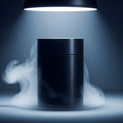 Black cylindrical product podium surrounded by mysterious blue fog and spotlight