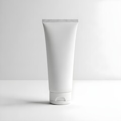 Clean white cosmetic cream tube standing upright on white surface with soft shadow