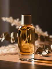 Amber glass essential oil bottle on table with dried flowers and golden sunlight