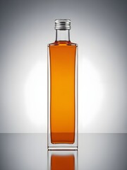 Tall amber glass cosmetic bottle standing vertically against bright white vignette background