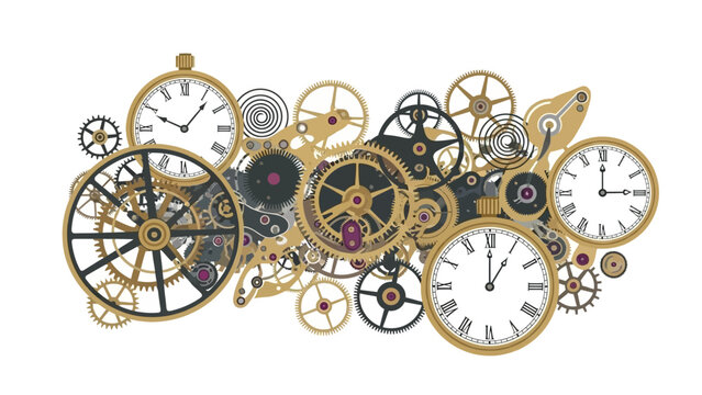 Intricate steampunk gear and clockwork collection with roman numerals