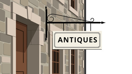 Obraz premium Vintage antiques shop sign on stone building in flat design