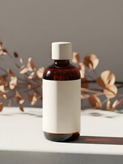 Amber glass essential oil bottle with blank white label and dried flowers on sunny table
