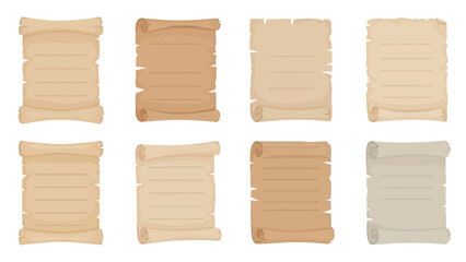 Collection of blank rolled vintage scrolls and parchments in flat design