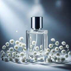 Clear glass perfume bottle with silver cap amidst fresh white flowers and blue light