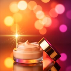 Luxury open face cream jar with gold lid on festive red and orange bokeh background