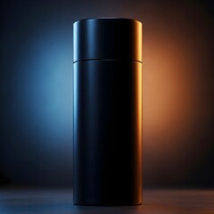 Sleek black cosmetic bottle silhouette against dramatic blue and orange lighting