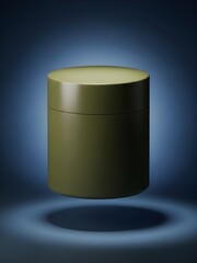 Abstract olive green cylinder pedestal floating in dark blue mysterious space
