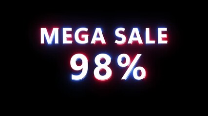  Sale 98% Text Number Animation. Neon sale discount offer. Glowing neon percent text on black background.