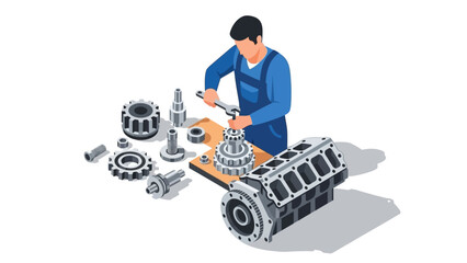 Mechanic working on engine isometric design for automotive illustration