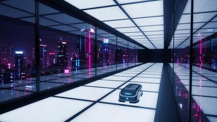 Futuristic Car in Modern Glass Building.