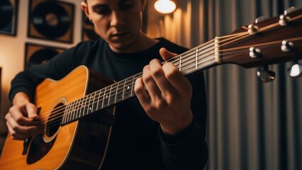 Obraz premium Man playing acoustic guitar in a dimly lit room with records on the wall.