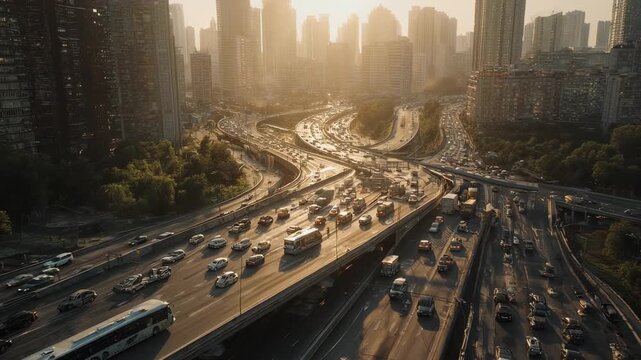 Aerial View of Busy Highway Interchange with Vehicles During Sunset in Urban Landscape