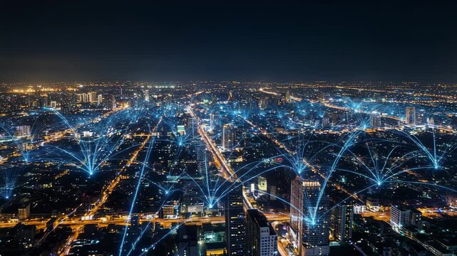 A vibrant cityscape at night illuminated by lights and network connections.