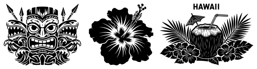 Set of hawaiian tiki mask and tropical summer vacation elements © AnjaliDesai