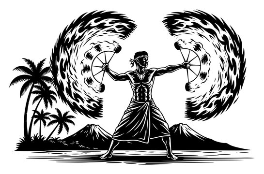 Vintage monochrome illustration of a Polynesian fire dancer