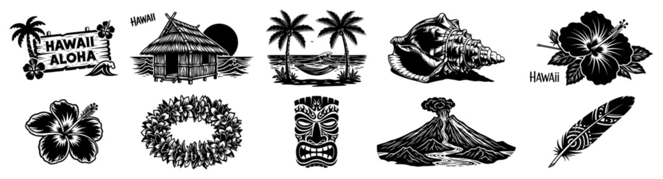 Set of vintage monochrome Hawaiian tropical icons
