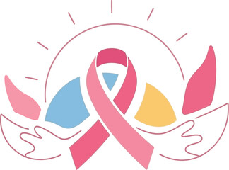 Cancer Awareness Ribbon and Healthcare Support Line Vector Icon