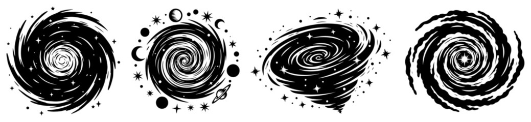 Set of spiral galaxy and black hole silhouette icons © AnjaliDesai