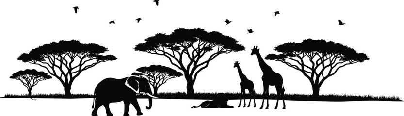 African safari wildlife silhouette landscape with elephant giraffes birds and acacia trees isolated on white background vector illustration