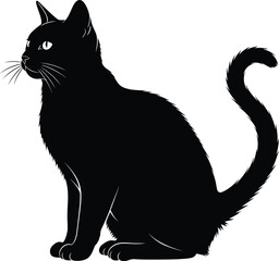 Black cat silhouette sitting profile, elegant feline vector illustration isolated on white background, pet animal icon design minimalist modern flat style artwork