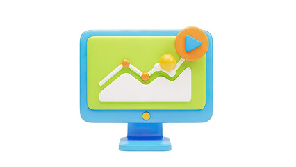 3D Cartoon Monitor with Graph and Play Button Icon