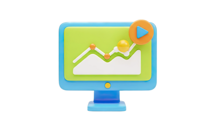 3D Cartoon Monitor with Graph and Play Button Icon