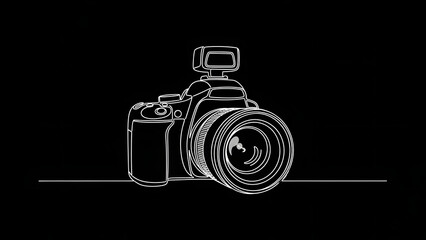Minimalist white continuous line drawing of a modern DSLR camera with a flash on a black background.