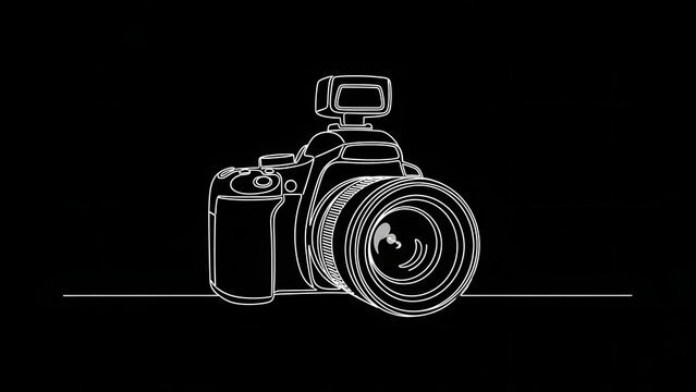 Minimalist white continuous line drawing of a modern DSLR camera with a flash on a black background.