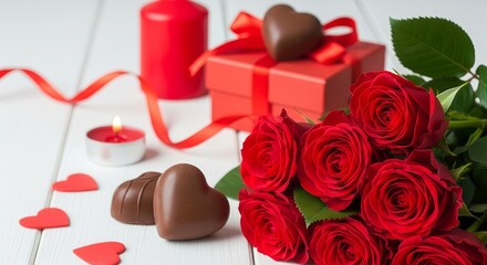 A bouquet of red roses, a red gift box with a bow, heart-shaped chocolates, and candles are arranged on a white wooden surface, creating a romantic mood.