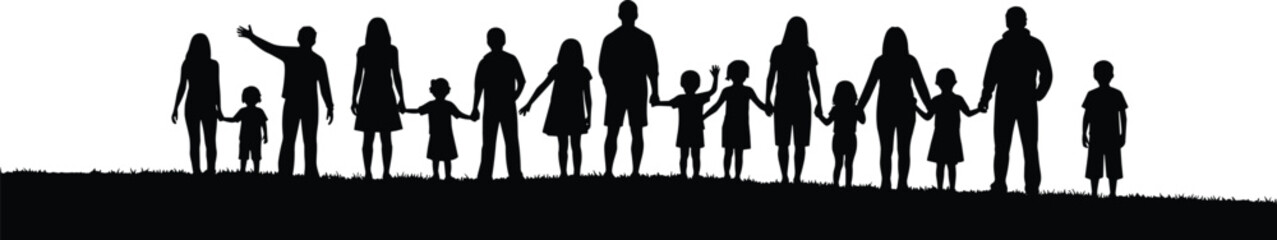 Black silhouette of large happy family with children holding hands standing on grass hill, community people group together, unity and parenthood concept, (24 words)
