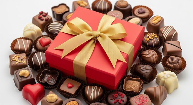 A red gift box with a gold ribbon is surrounded by assorted chocolates. The chocolates vary in shapes and designs, creating a luxurious and festive scene.