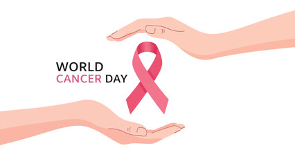 World Cancer Day Awareness Ribbon and Support Line Vectors on Transparent Background