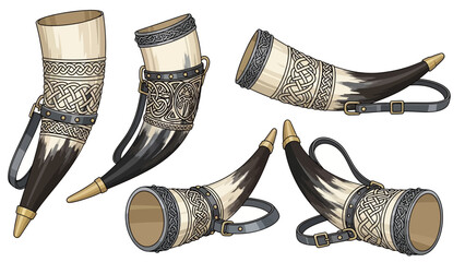 Traditional viking drinking horns with intricate norse patterns and leather straps