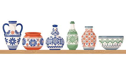 Colorful ceramic pottery on shelf with floral patterns in flat style
